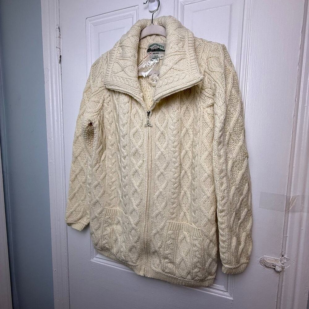 Aran Crafts Merino Wool Zip-Front Sweater Womens Small Pockets Cream NWT